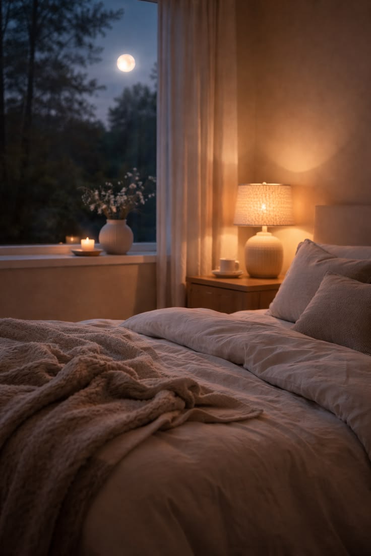 Soft evening light falling across a quiet room with a warm lamp